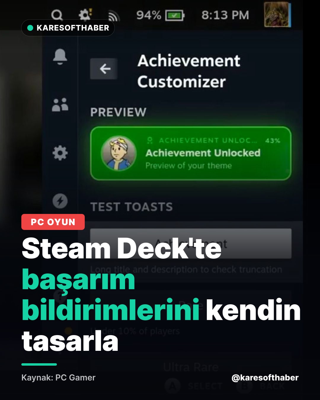 Steam Deck'te başarım bildirimlerini kendin tasarla