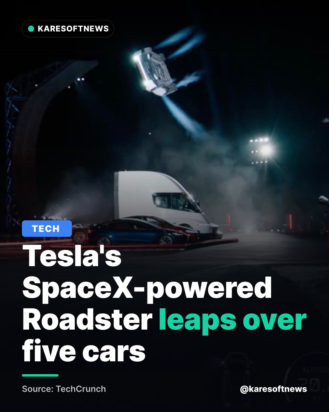 Tesla's SpaceX-powered Roadster leaps over five cars
